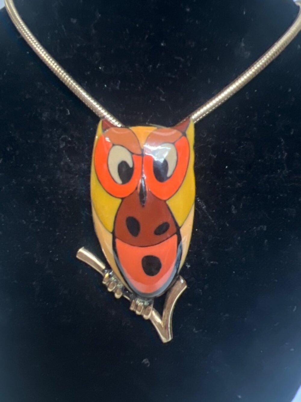 Eisenberg Vintage 70's Fall Colored Enameled Owl Pendant with Chaing